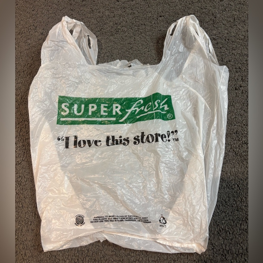 Vintage Super Fresh I Love This Store Plastic Bag White Green 11” x 19”